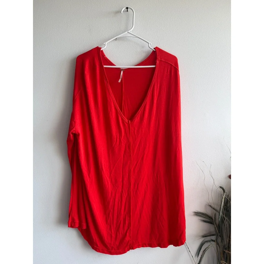 Free People We The Free Womens Red V Neck Long Sleeve Oversized Tunic Top M